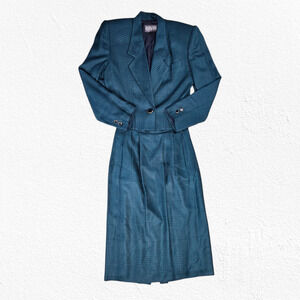 80s Vintage Green Navy Houndstooth Plaid Retro Workwear Power Skirt Suit Size 4